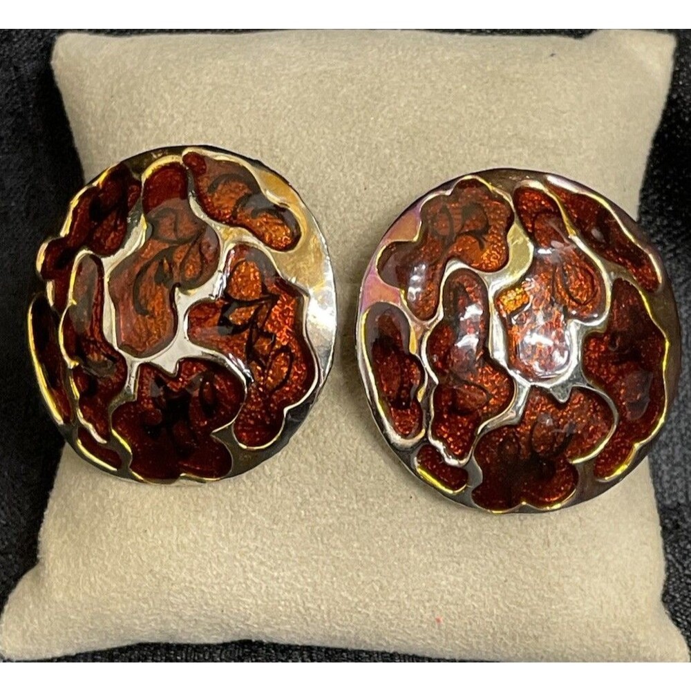 Gold Burnt Orange Guilloche Enamel Button Clip On Earrings New Pads